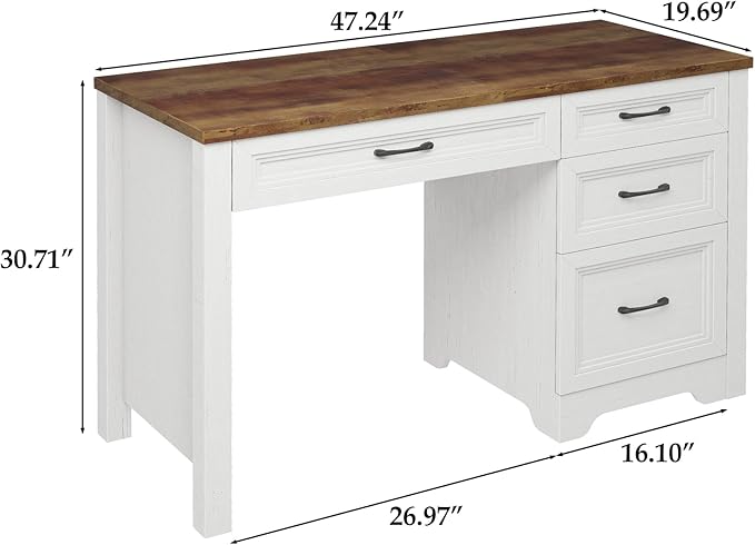 Farmhouse Executive Desk with Drawers Wood Computer Desk with Ample File Drawer Rustic Home Office Desk with Storage for Bedroom Living Room White