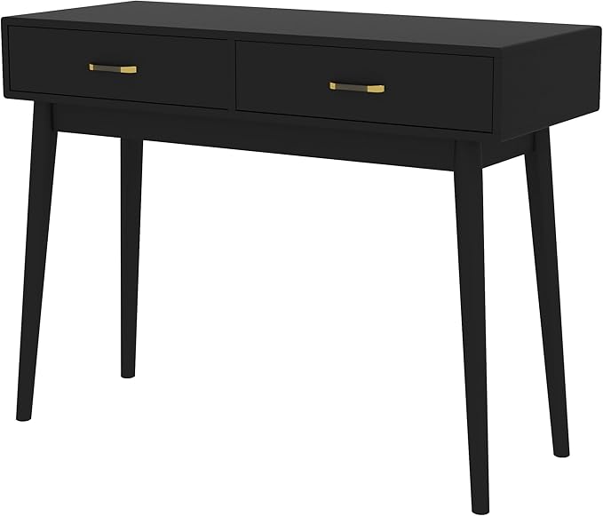 Black Small Writing Desk with Drawers 40 Inch Writing Desk for Home Office Vanity Desk with Solid Wood Leg for Small Spaces