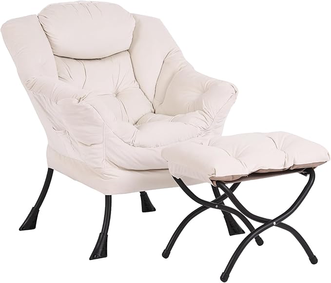Lazy Chair and Ottoman Large Velvet Beige Accent Chair with a Side Pocket Modern Leisure Upholstered Reading Armchair with Footrest for Office Bedroom Living Room Dorm Rooms Balcony