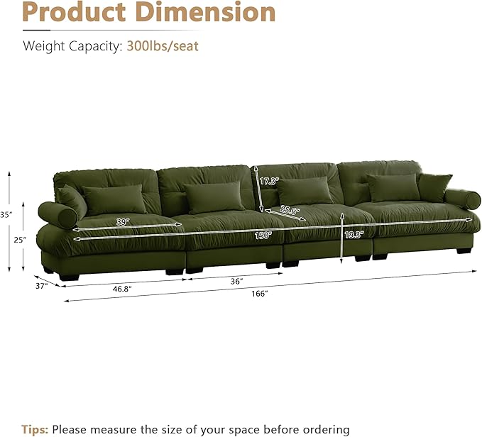 Setawix Luxury 4 Seater Sofa with Velvet Modern Cloud Couch with Comfortable ArmrestComfy Couches with Deep SeatExtra-Large Sofas for Living Room Bedroom(Olive)