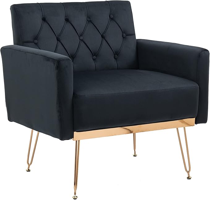 Velvet Accent Chair Upholstered Living Room Accent Armchair Leisure Single Chairs with Rose Golden feet Tufted Sofa Chairs for Home Office Living Room Bedroom Small Space (Black)