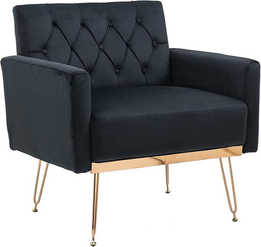 Velvet Accent Chair Upholstered Living Room Accent Armchair Leisure Single Chairs with Rose Golden feet Tufted Sofa Chairs for Home Office Living Room Bedroom Small Space (Black)