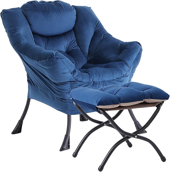 LITA Lazy Chair with Ottoman Modern Accent Leisure Upholstered Sofa Chair Contemporary Lounge Reading Chairs with Armrests and a Side Pocket for Living Room Bedroom &amp Small Space Royal Blue
