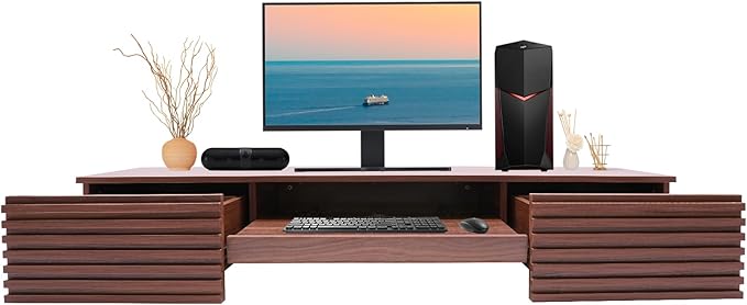 Modern Wall-Mounted Computer Desk 60 W x 15.5 D x 9.5 H Brown Home Office Desk with Pull-Out Drawer &amp Keyboard Tray