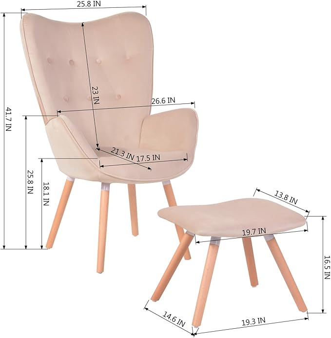 Generic Velvet Accent Chair Ottoman Set for Living Room Wing Back Armchair Tufted Back Upholstery Living Room Chairs Pink
