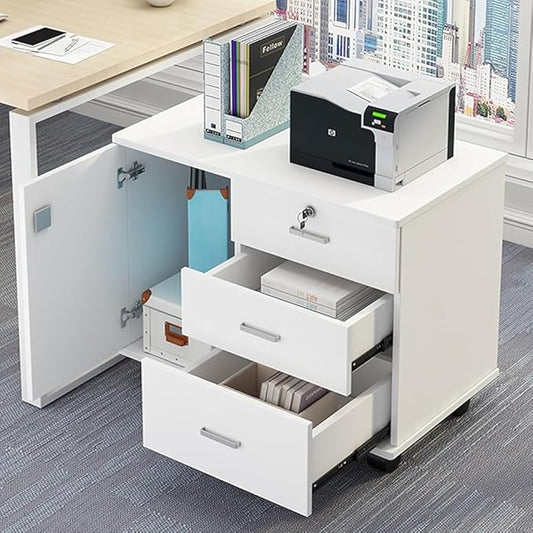 3-Drawer Metal File Cabinet Storage Filing Cabinets and 2 Lockable Casters Large Storage Printer Stand fits A4 or Letter Size Under Desk Organizer for Home Office School(Color:White)