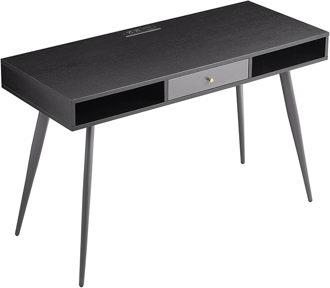 JUSTONE 47 Computer Desk for Home Office - Modern Study Desk with Built-in USB Ports &amp Power Outlet - Multi-Functional Writing Desk/Makeup Vanity - Industrial Two-Tone Black Oak &amp Dark Grey F