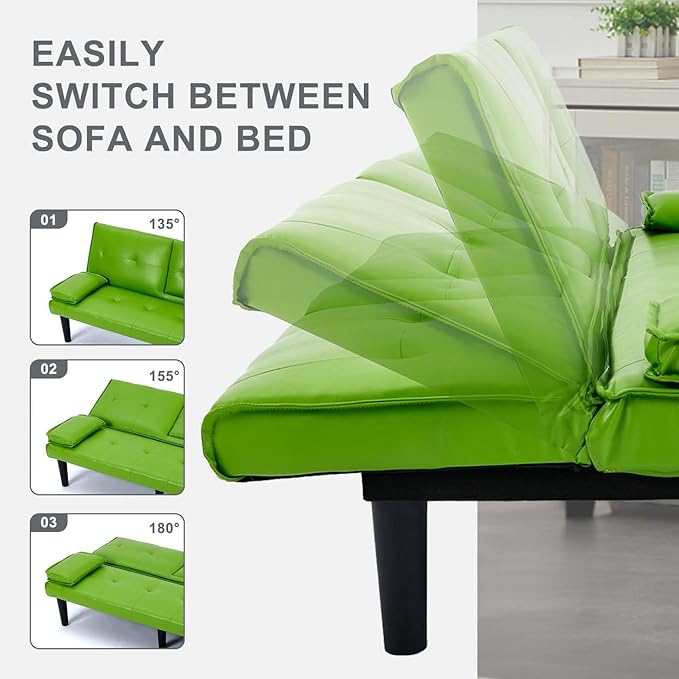 Futon Sofa Bed PU Leather Modern Convertible Futon Couch with Removable Armrests Cup Holders Loveseat Sleeper Sofa Bed for Living Room Apartment Small Spaces (Green)