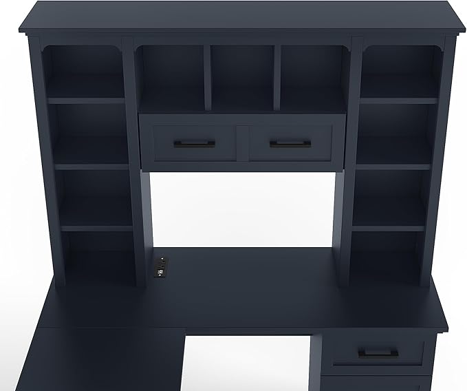L-Shaped Home Executive Desk with 2 Cabinets and 2 Drawers Computer Desk with Power Outlet 11 Open Shelves and 1 Right Flip Shelf with Storage for Study Living Room and Office (Antique Blue-02)