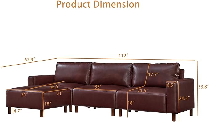 Mid-Century Modern Sofa with Movable Ottoman PU Leather 3-Seater Couch with Solid Wood Legs Lounge Comfy L-Shaped Sofa Upholstered Modular Sectional Couch for Living Room Bedroom(112W Burgundy)