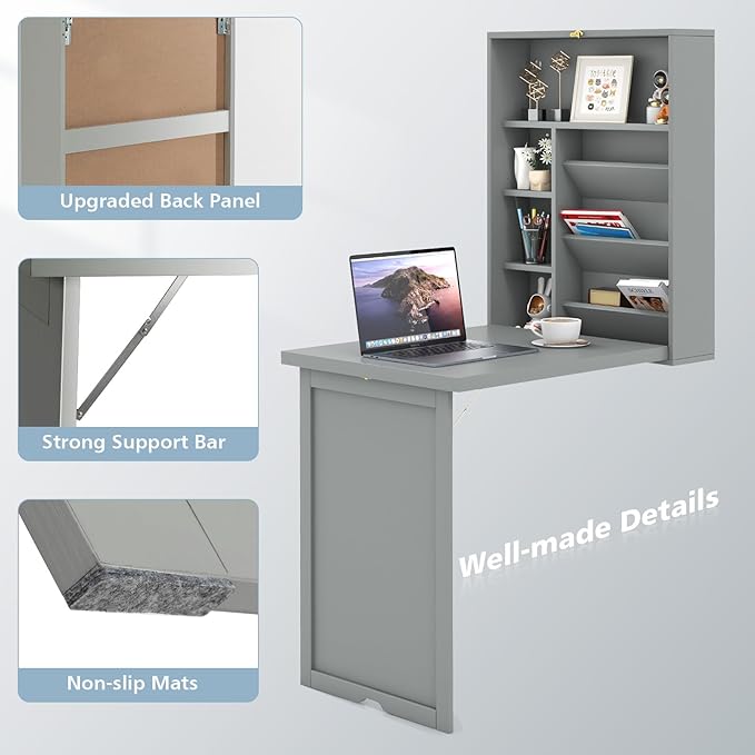 GOFLAME Wall Mounted Folding Desk with 3-Tier Tilt Storage Partition and Adjustable Shelves Space-Saving Convertible Writing Desk for Home Office Gray