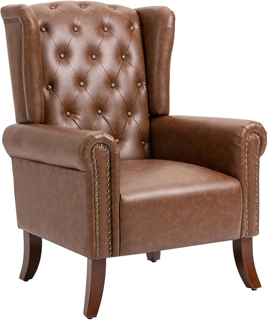MOJAY Mid-Century PU Leather Accent Chair Living Room Lounge Sofa Chair with Buttons Single Club Armchair with Rivet Trim for Bedroom Home Reception (Brown)