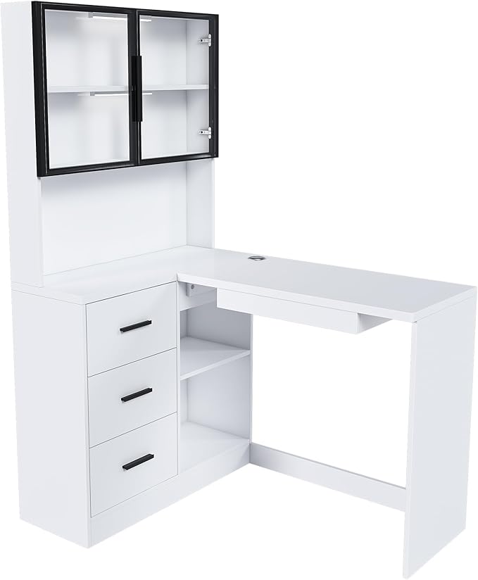 L-Shaped Corner Computer Desk with Glass Cabinets &amp LED Lights - Ergonomic Office Desk with USB Ports Keyboard Tray - Modern American Design for Home &amp Corporate Workspaces (White)