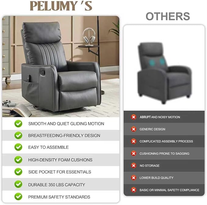 PELUMY 360 Swivel Rocking Recliner Chair for Adults Nursery Rocking Chair with Heat and Massage Glider Reclining Chair for Small Space Living Room Bedroom (Breathable Leather Grey)