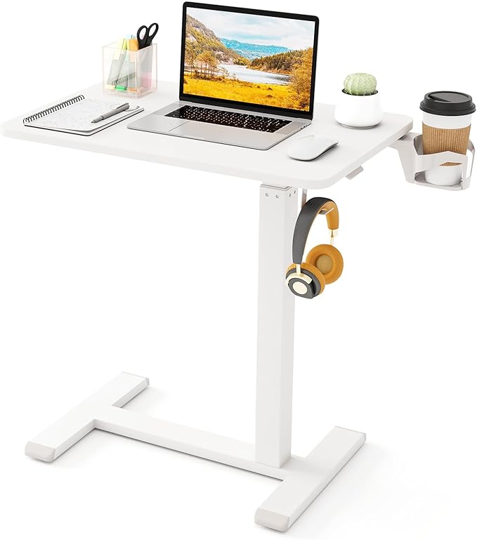 Tangkula Mobile Standing Desk Pneumatic Height Adjustable Rolling Desk with Cup Holder &amp Headphone Hook Overbed Table with Hidden Wheels Laptop Computer Cart for Couch Home Office (White)