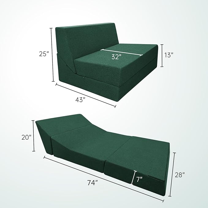 ANONER Convertible Chair Bed Sleeper with Memory Foam &amp Pillow Fold Out Chair Bed Couch Lounge Chaise for Living Room Bedroom Guest Room Home Office Dark Green