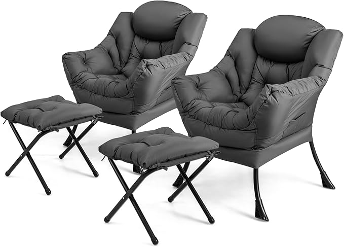 KOMFOTT Lazy Chair with Ottoman Set of 2 Leisure Upholstered Reading Sofa Chair with Armrests &amp Side Pocket Modern Lounge Accent Chair with Folding Footrest for Living Room Bedroom Balcony Gr
