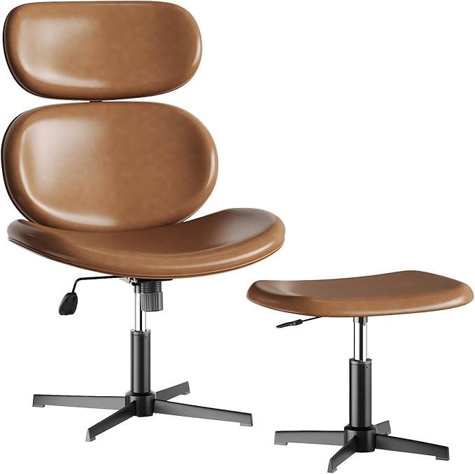 Bestier Swivel Modern Chair with Ottoman No Wheels PU Criss Cross Reading Chair with Extended Headrest &amp Adjustable Seat Modern Armless Ergonomic Chair for Living Room Brown