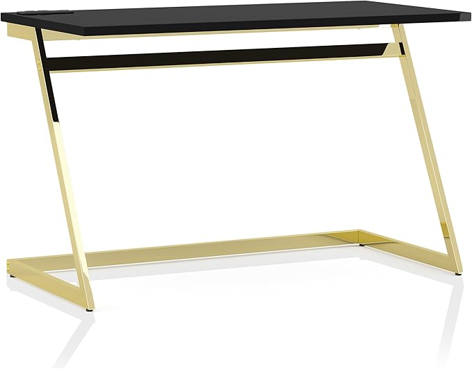 24/7 Shop at Home Ruthetta Modern Metal Writing Desk with USB Port Power Outlet for Workstation Home Office Study Room Glossy Black and Brass
