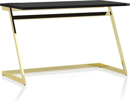 24/7 Shop at Home Ruthetta Modern Metal Writing Desk with USB Port Power Outlet for Workstation Home Office Study Room Glossy Black and Brass