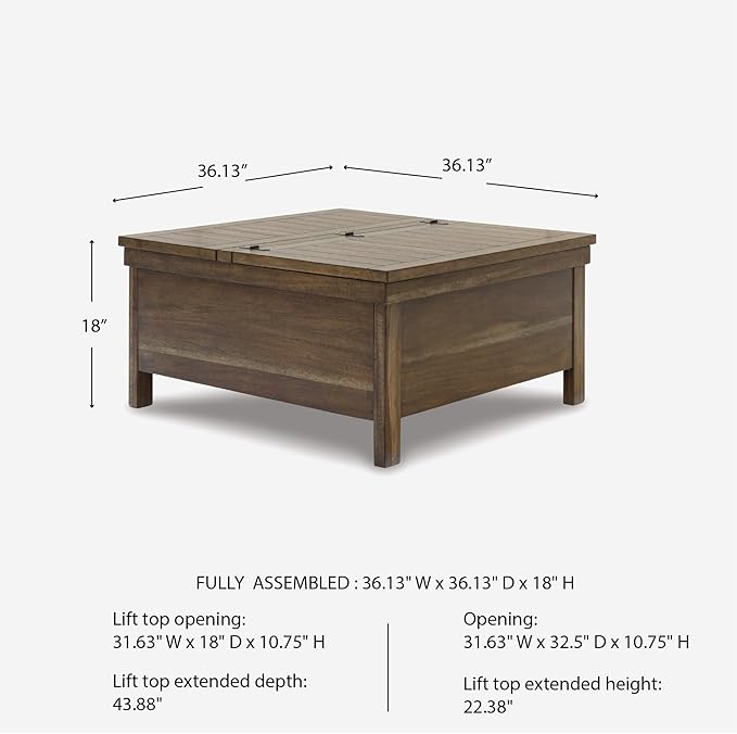 Signature Design by Ashley Moriville Rustic Hinged and Lift Top Cocktail Table with Hidden Storage Light Brown