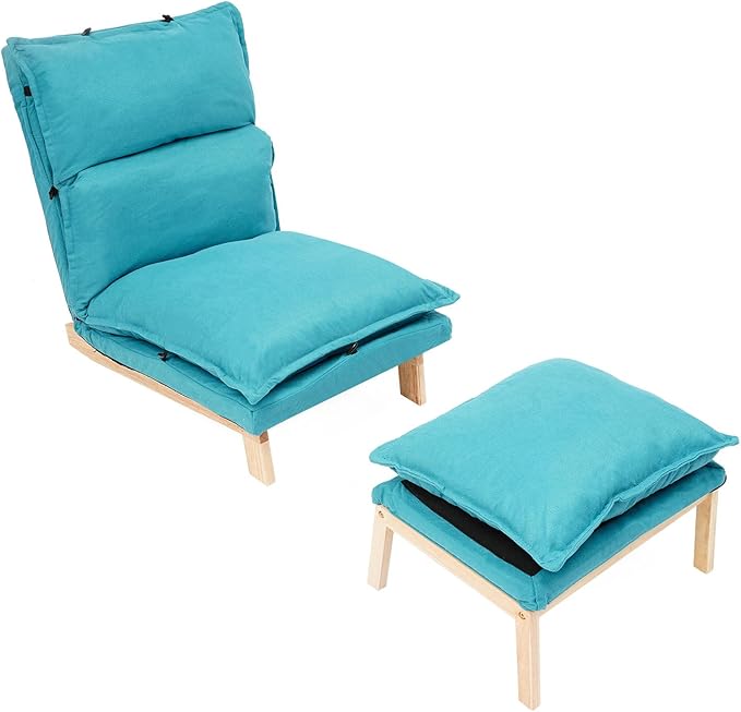 Modern Sofa Bed Chair with Ottoman 5-Position Adjustable Recliner Lounge - Accent Reading Chair for Bedroom Living Room Balcony - 330lbs Capacity (Blue)