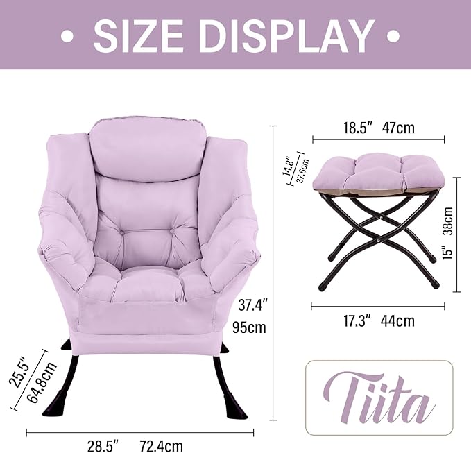 Tiita Lazy Chair with Ottoman Purple Modern Large Accent Chair Comfy Leisure Sofa Armchair with Ottoman Reading Chair with Footrest for Bedroom Living Room Dorm Rooms Purple