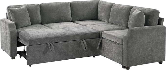 81.9 Sectional Sofa Bed L-Shaped Sectional with a Hidden Storage Compartment Versatile Pull-Out Sofa Bed with Cozy Throw Pillows for Living Room Apartments Offices (Gray-04e)