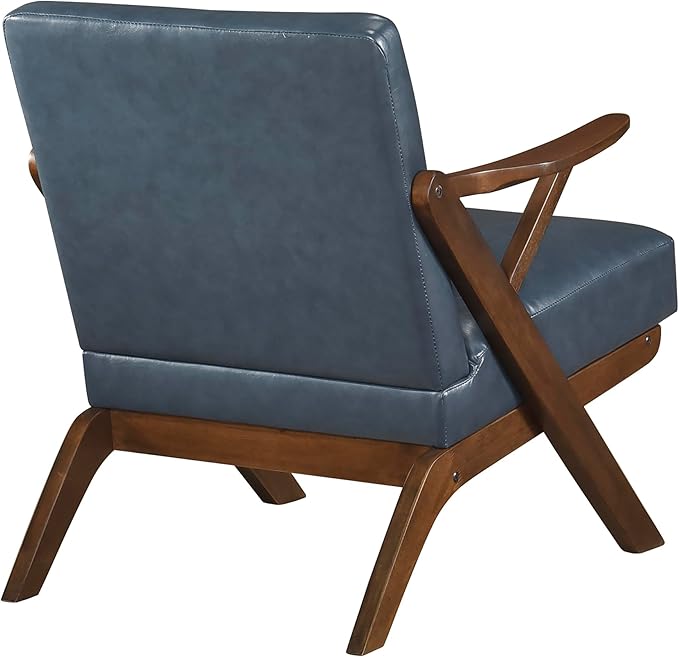 Lexicon Mid Century Modern Accent Chair Faux Leather Upholstered Lounge Seat Brown Finish Solid Wood Framed Comfy Side Chair for Living Room/Bedroom/Office/Waiting Area Blue
