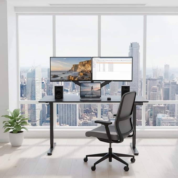NSY Audio Electric Standing Desk 55x24 Inches - Height Adjustable Whisper Quiet Motor Walnut Top &amp Black Frame for Home Office Gaming Focused Work Black