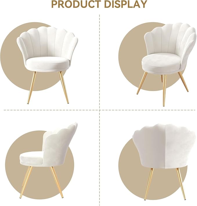 Hatchsun Velvet Accent Chair with Gold Metal Legs Shell Back Vanity Chair for Makeup Room Bedroom Living Room Beige Upholstered Guest Chair 26x31.6 Inches 260 lbs Capacity (White)