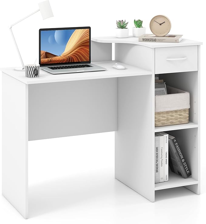 Giantex Computer Desk with Storage Modern PC Laptop Table with 5-Position Adjustable Shelf Drawer &amp Cable Hole Compact Study Writing Desk Workstation for Small Spaces Home Office White