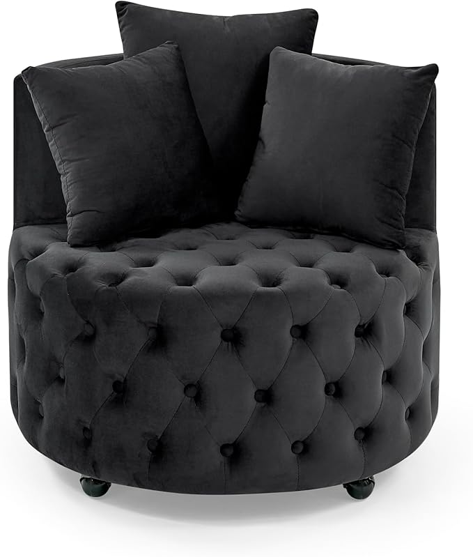 Velvet Upholstered Swivel Chair Velvet Swivel Chair for Living Room Button Tufted Velvet Upholstered Swivel Chair Design with Movable Wheels Includes 3 Decorative Pillows Black