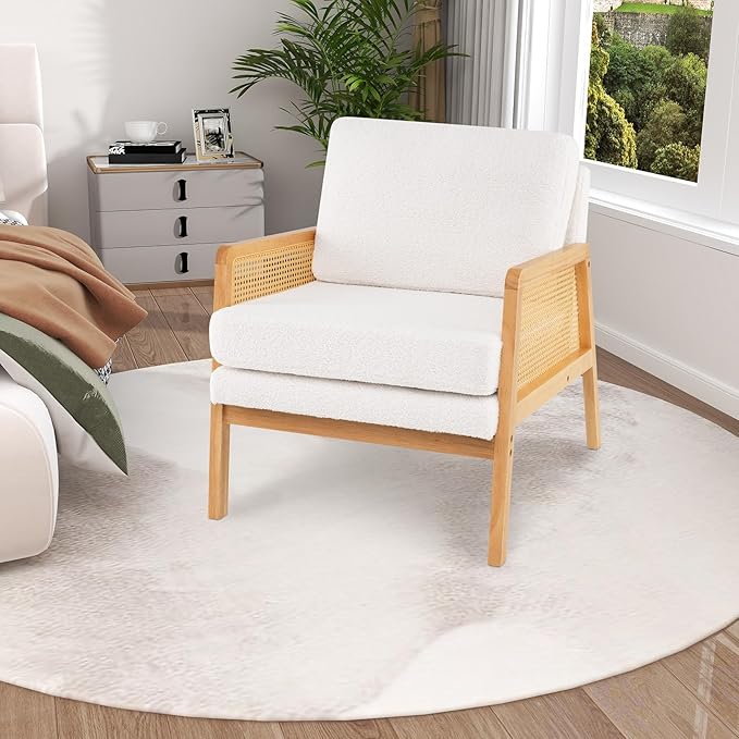 Giantex Mid Century Modern Accent Chair Boho Boucle Living Room Arm Chair w/Rattan Arms Wooden Frame Thick Cushion Pillow Sherpa Reading Side Chair for Bedroom Balcony Natural+Beige