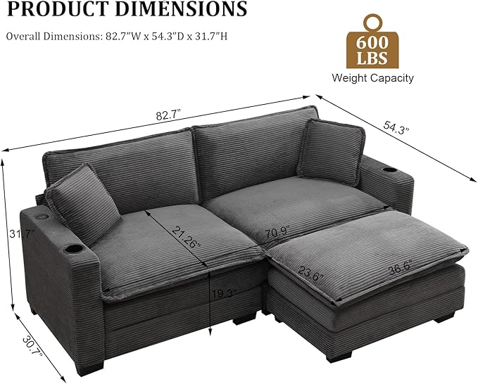 KIVENJAJA Corduroy Cloud Sectional Couch Modular Oversized Loveseat Sofa with Ottoman Cup Holders &amp USB Port Comfy 2 Seater Love Seat for Living Room Small Space 82.7”W Grey