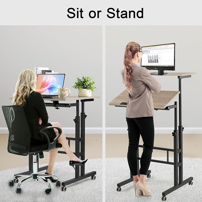 Hadulcet Mobile Standing Desk with Charging Station Adjustable Standing Computer Desk Standing Adjustable Laptop Cart with Wheels for Home Office Classroom Light Grey