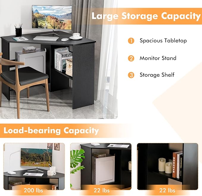 COSTWAY Corner Computer Desk Space-Saving Triangular Writing Desk w/ 2 Storage Shelves &amp 2 Cable Holes Multi-Functional Console Table for Small Space in Home Office Living Room Bedroom (Black)