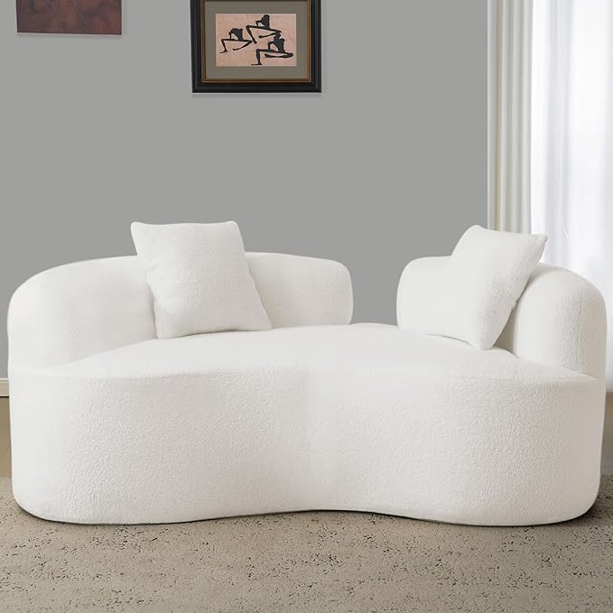 67 White Curved Loveseat with Round Armrest Round Couch in a Box Boneless Curved Sofa for Living Room Bedroom Small Space Teddy No Assembly Broken Design (White)