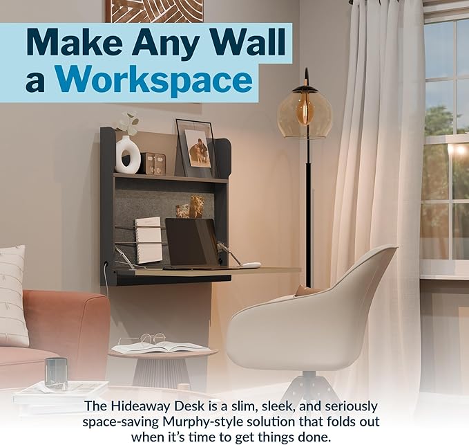 Vari Hide-Away Wall Mounted Floating Desk - 32” Foldable Murphy-Style Desk for Bedroom Dorm Apartment + Cable Ports Bungee Storage Shelf 100 Lb Capacity + Simple Assembly (Slate/Walnut)