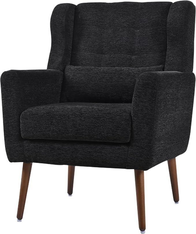 Modern Accent Chair Upholstered Armchair with Pillow Fabric Single Sofa Chair with Lounge Seat Solid Wood Legs Accent Chair for Living Room Bedroom Small Spaces(Black)