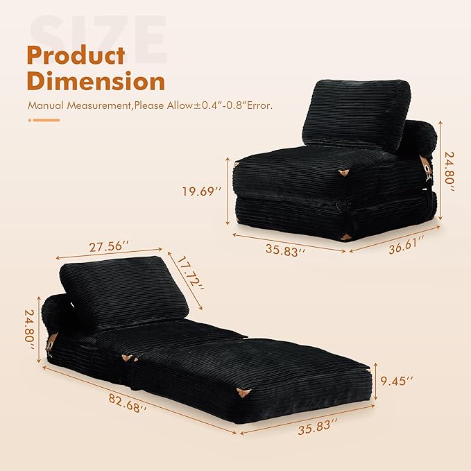 Folding Sofa BedComfy Sleeper Chair Foldable Mattress with Pillow &amp Back SupportPortable Fold Out Chair Bed Floor Convertible Lounge Sofa Couch for Living Room Bedroom (Black)