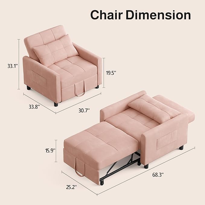 Ahomly Convertible Sleeper Chair Sofa Bed with 3-in-1 Design Adjustable Backrest and Storage Pocket for Living Room Pink