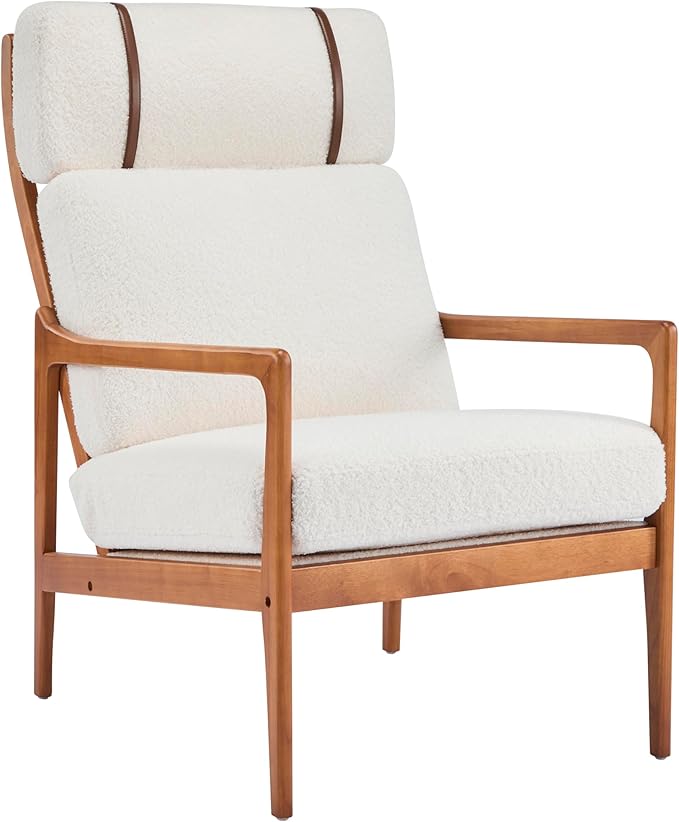 Christopher Knight Home Nadine Wooden Club Chair Upholstered Accent Chair Cushions Support Armchair Comfy Lounge Single Reading Sofa Solid Wood Frame Armchair for Living Room Home Ivory+Teak