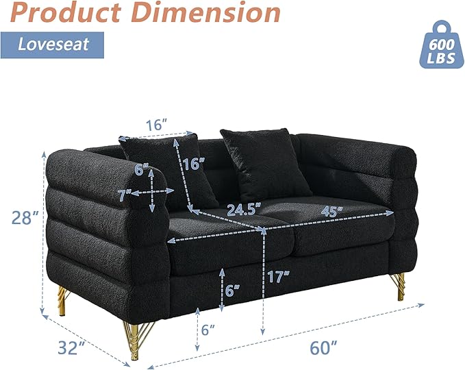 mikibama Modern Teddy Loveseat Sofa 60 Inch Sectional Sofa Couch Luxury 2 Seater Deep Couch with 2 Pillows and Gold Metal Legs for Living Room Bedroom Apartment (Black)