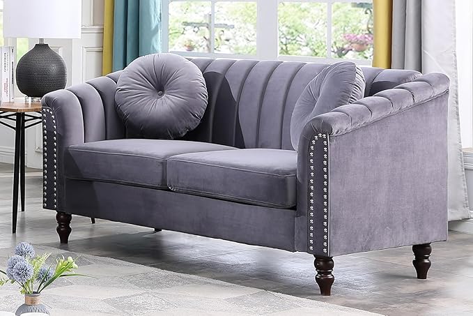 Chesterfield Loveseat Couch 60 Inch Luxurious Velvet Modern Love Seat Chesterfield Settee Sofa Upholstered Rolled Arm with Rivets/2 Button Tufted Pillow 2 Seater Sofa for Living RoomGray