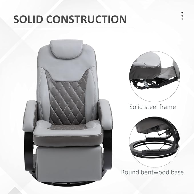 HOMCOM Faux Leather Manual Recliner Adjustable Swivel Lounge Chair Armchair with Footrest and Round Base for Living Room Gray