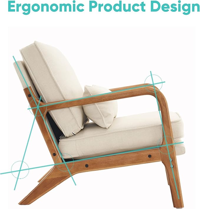 JOYBASE Lounge Accent Chair Mid Century Modern Chair Arm Chair Wood Frame Armchair for Living Room Bedroom (Off-White Fabric)