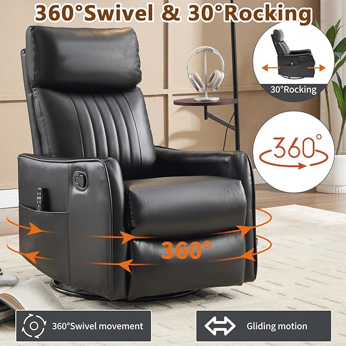 Massage Recliner Chair with Heat Slim Recliners for for Adults Swivel Rocking Chair Recliner with High Back Small Recliner Chair for Small Spaces Living Room Adjustable Footrest (Black)