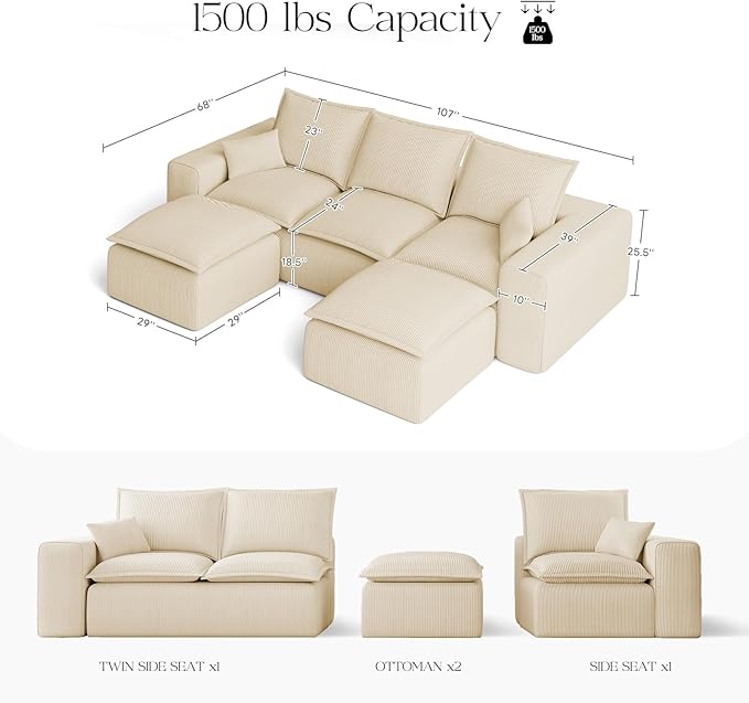 107 Boneless Comfortable Couch with Chaise U Shaped Modular Sectional Couches for Living Room Beige Corduroy Sofas with Ottoman Compressed Sofa in a Box No Assembly Required