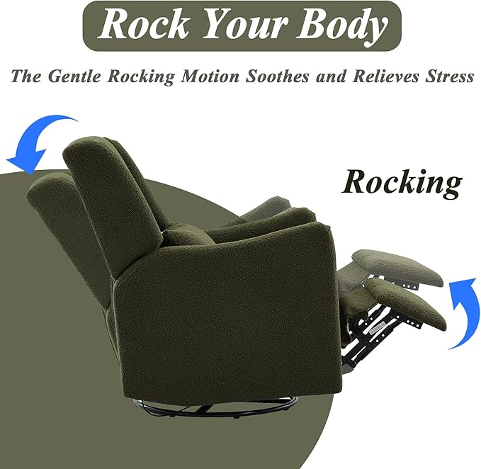 Classic Wingback Glider Recliner Nursery Chair Rocker Swivel Recliner Chairs for Small Spaces Thick Cushion Linen (Green)